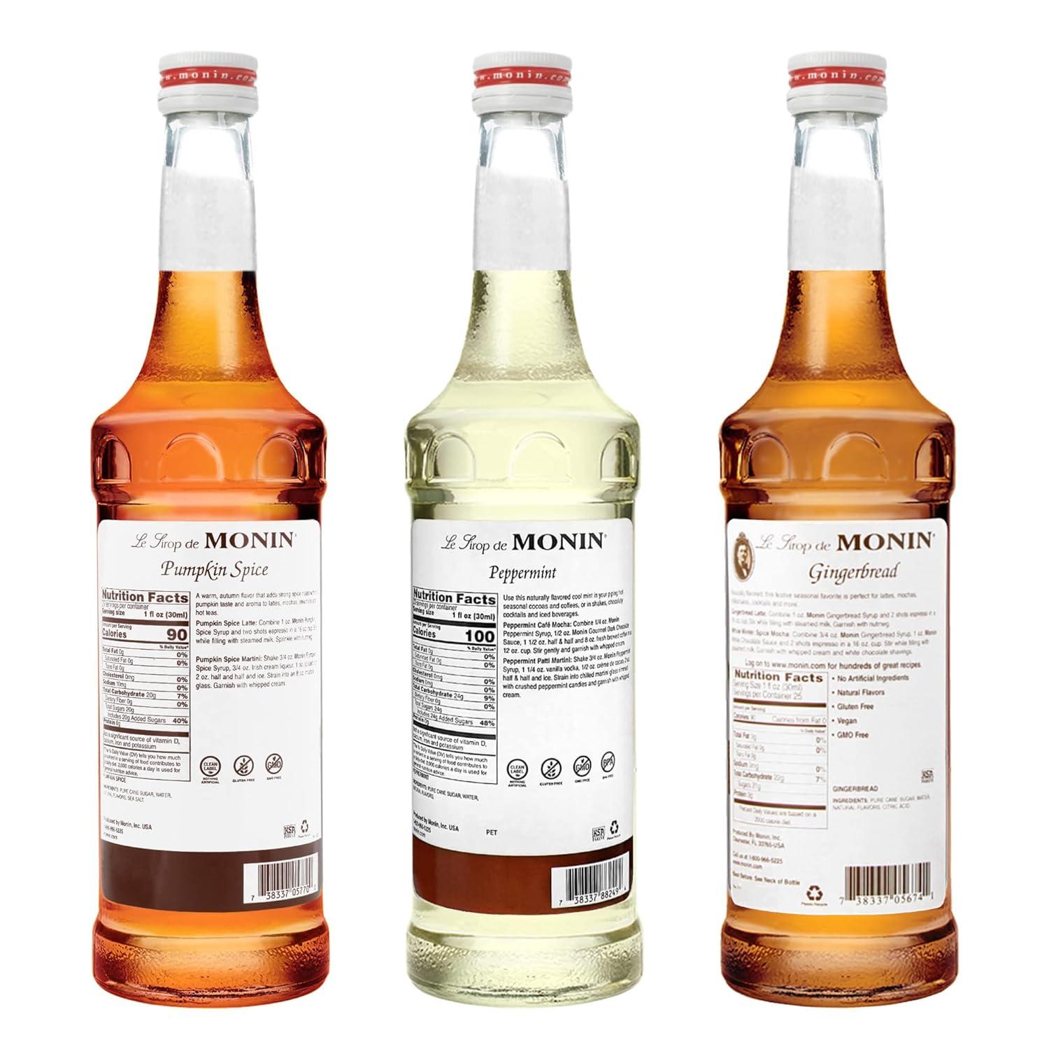 image:imageMonin 3 Flavor Holiday Gift Set Gingerbread Peppermint and Pumpkin Spice Syrups Natural Flavors Great for Cocktails Cocoas Mochas and Ciders NonGMO GlutenFree 750 ml per bottle