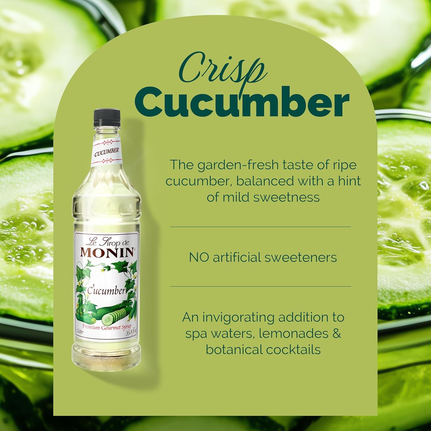 image:imageMonin Cucumber Syrup Refreshing Sweetness Natural Flavors Great for Mocktails Cocktails Lemonades Teas and Sodas NonGMO GlutenFree 1 Liter 4Pack