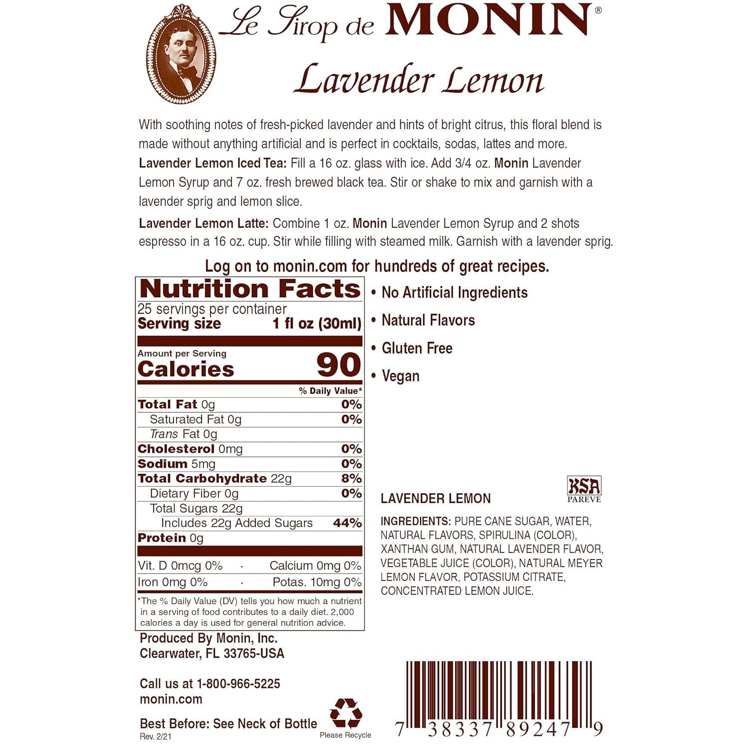 image:imageMonin Pure Cane Syrup Pure and Sweet Great for Coffee Tea and Specialty Cocktails GlutenFree NonGMO 750 mlLavender Lemon