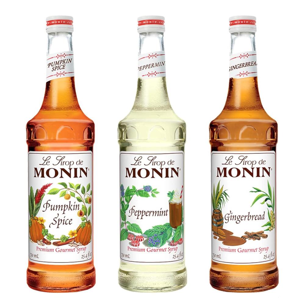 image:imageMonin 3 Flavor Holiday Gift Set Gingerbread Peppermint and Pumpkin Spice Syrups Natural Flavors Great for Cocktails Cocoas Mochas and Ciders NonGMO GlutenFree 750 ml per bottle
