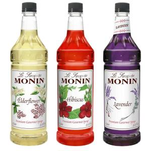 Monin – Lavender Syrup | Aromatic & Floral, Premium Syrup for Cocktails, Lattes & More | Clean Label with No Artificial Flavors, No Artificial Preservatives (BPA Free Bottle, 33.8 fl oz)(3 packs (Lavender  Hibiscus  and Elderflower))